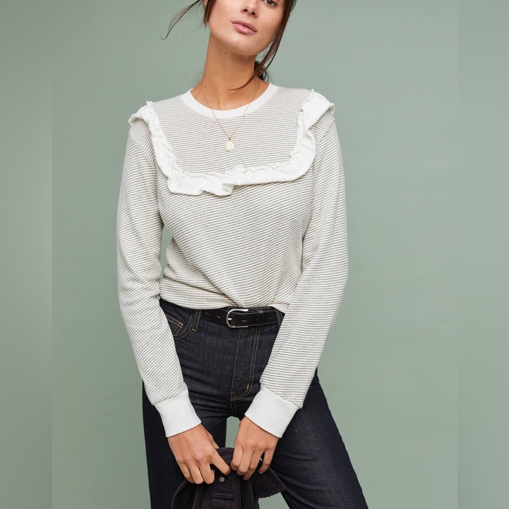MONROW x Anthropologie $80 Madeline Striped Long Sleeve Ruffle M Top Made in USA